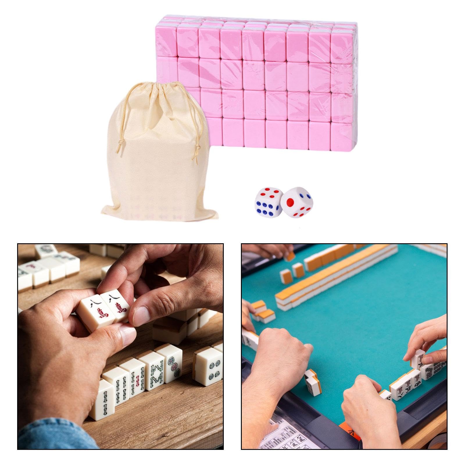 MagiDeal Mahjong Chino Mini Juego de Mesa Portátil 144 Fichas Set Clásico con Bolsa Y Dados Mejora Estrategia Y Concentración Adecuado para Aprendizaje, 24mm Rosa