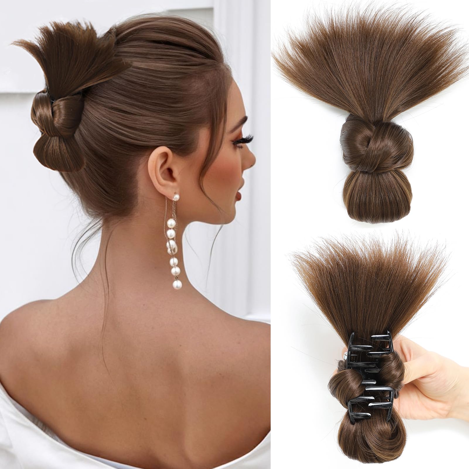 Messy Bun Hair Piece for Women Clip-On Feathered Bun Wig, Claw Clamp Messy Bun Hair Piece,Hair Clips with Hair Attached Volumizing Feathered Wig for Women To Wear Everyday (Brown) Cold Brown