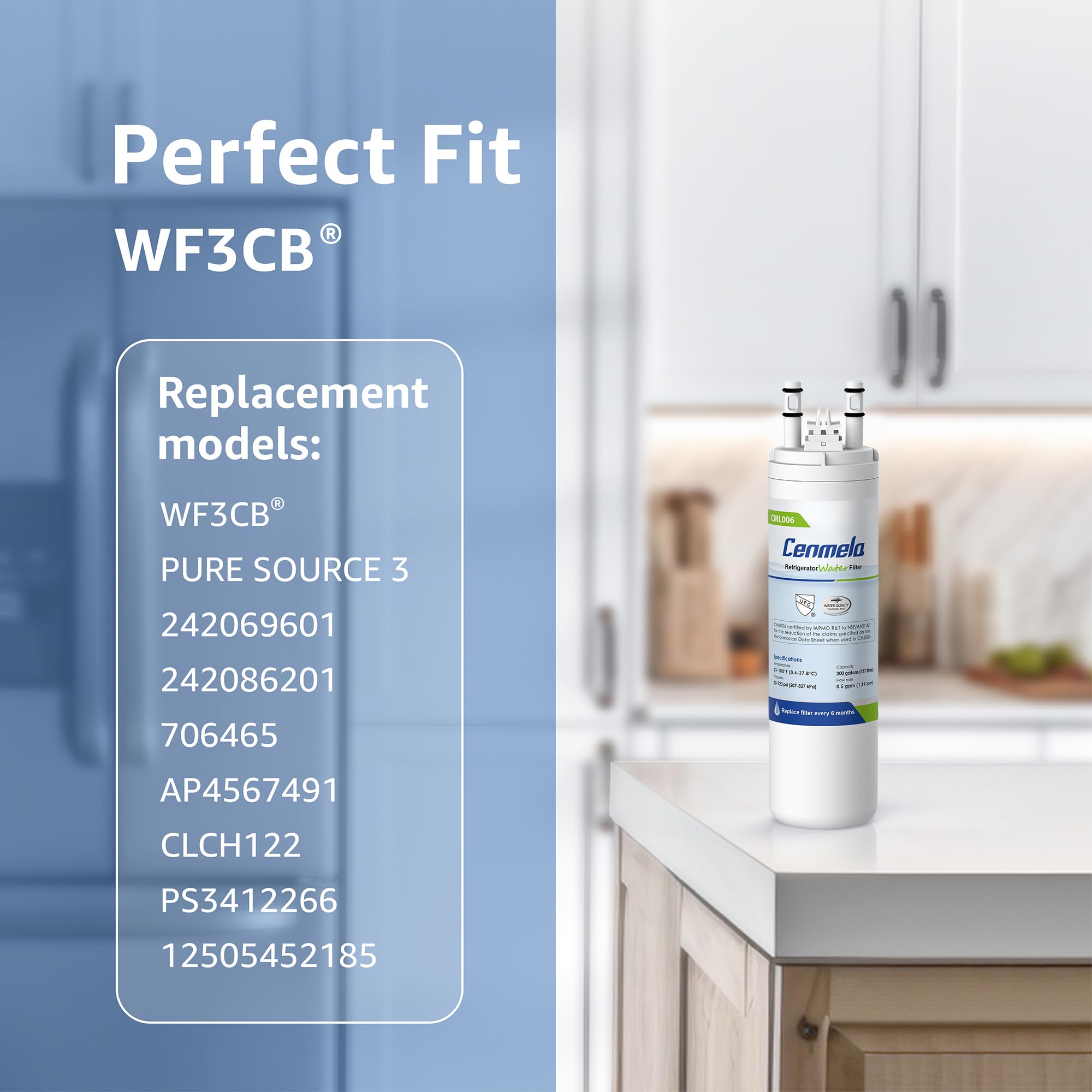 WF3CB Filtro de agua de repuesto, compatible con Frigidaire WF3CB, Pure Source 3, 706465, 242069601, 242086201, 242017800, WF425, altura de 9 pulgadas, paquete de 2
