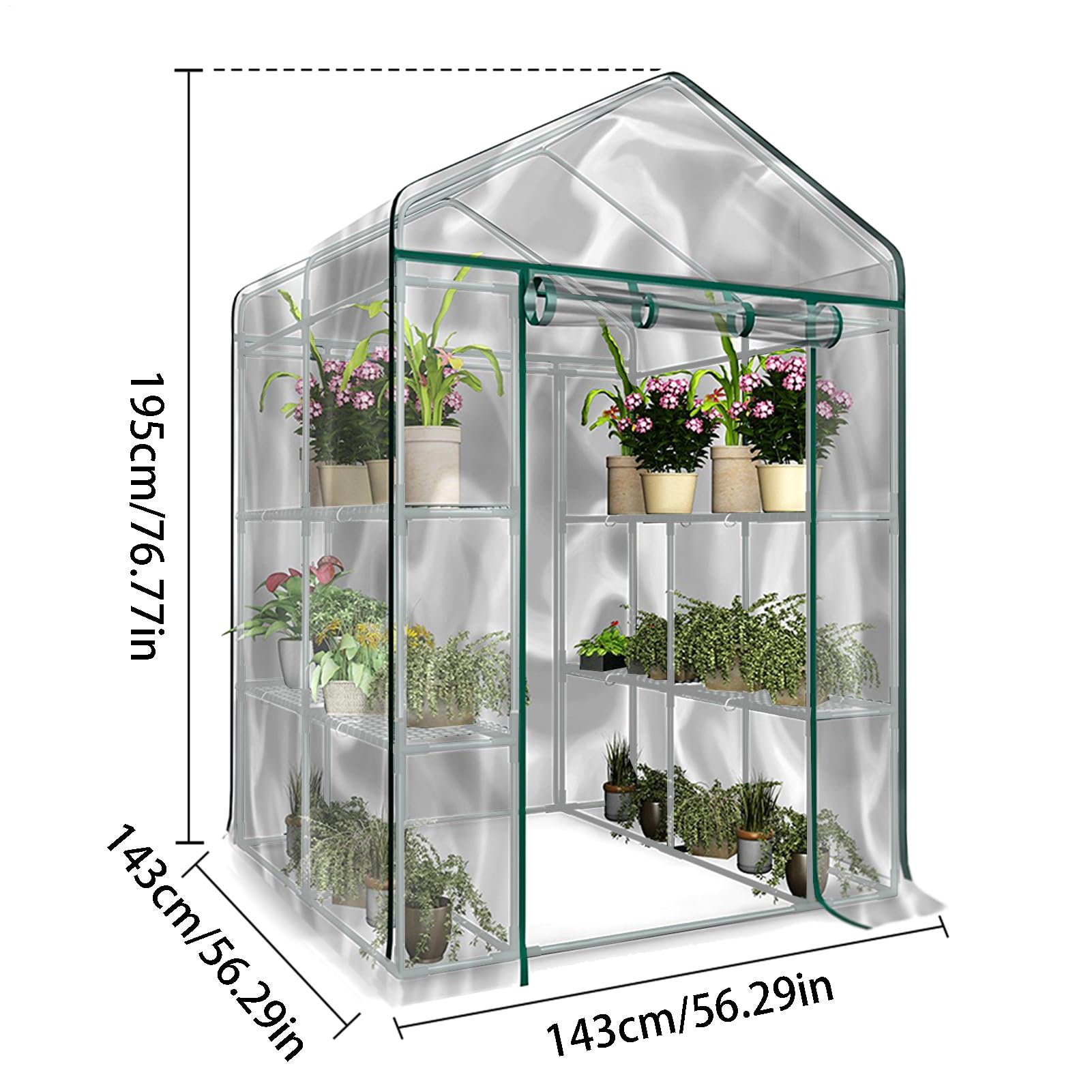 Funda protectora para invernadero, 143 x 143 x 195 cm, PVC para plantas, invernadero, con puerta enrollable con cremallera, resistente al invierno, estable