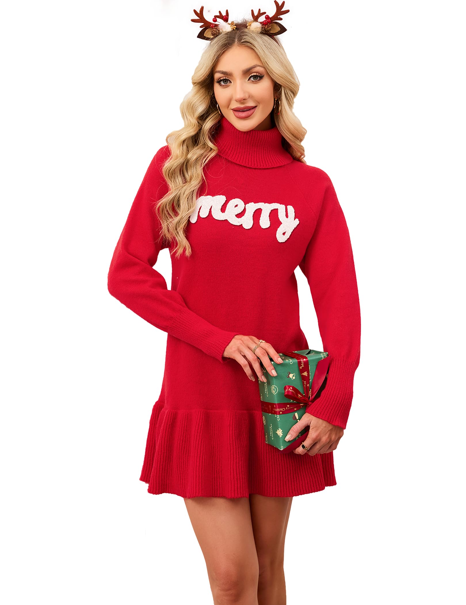 SunnyMelody Womens Ugly Christmas Sweater Dress 2025 Winter Holiday Xmas Cute Turtleneck Long Sleeve Sweater Dresses
