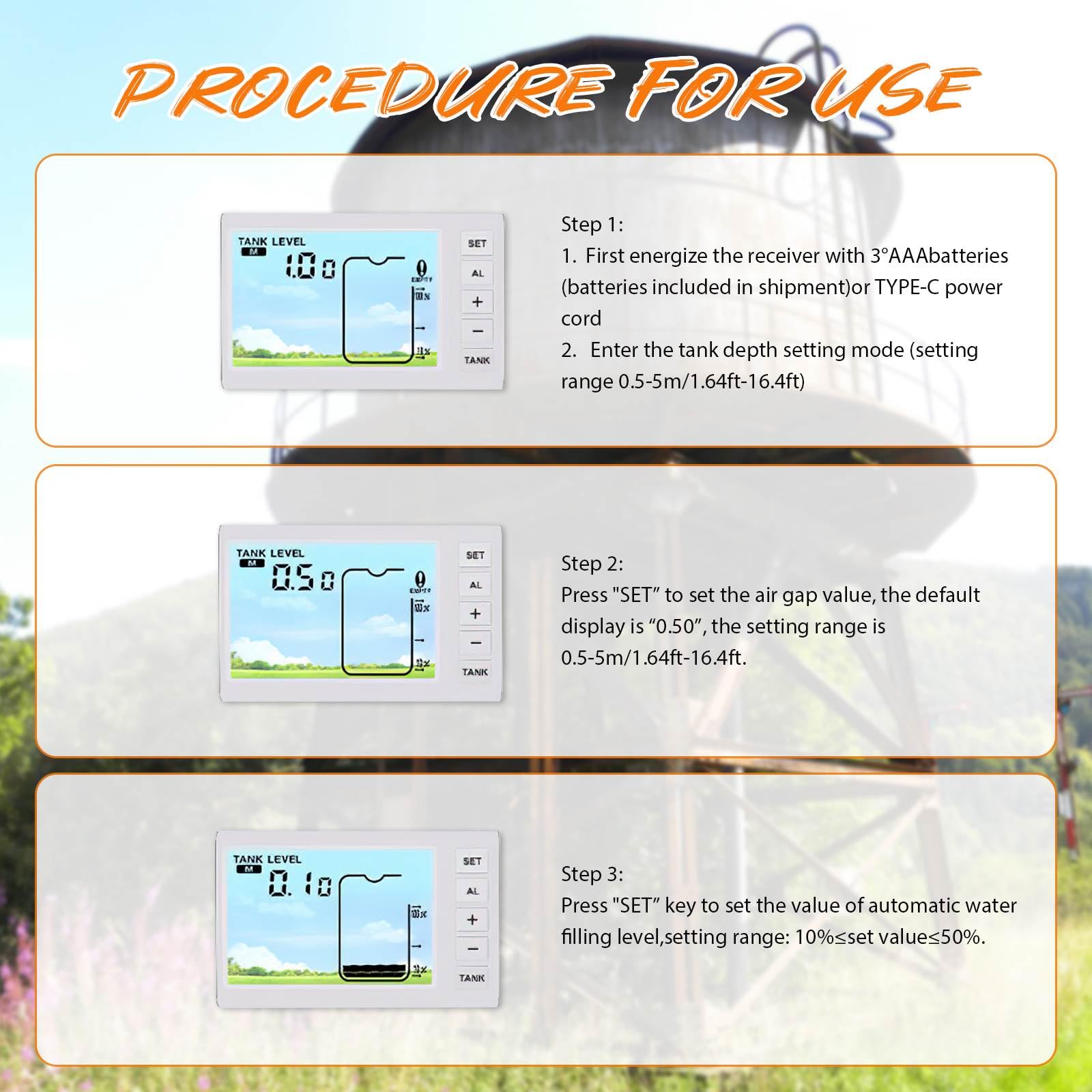 Détecteur de niveau par ultrasons, jauge de niveau pour citerne, capteur de niveau par ultrasons (fonctionnant sur piles) avec écran séparé, multifonctionnel ultrasonique pour réservoir d’eau et