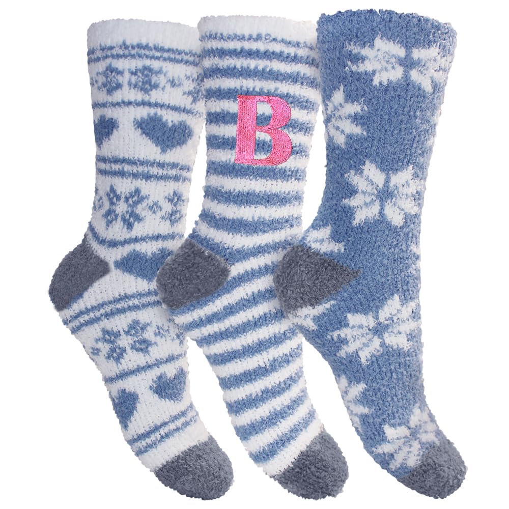 Teddyt's Women's White Personalised Initial Snowflake Fluffy Socks, 3 Pack, Polyester, Gift Set