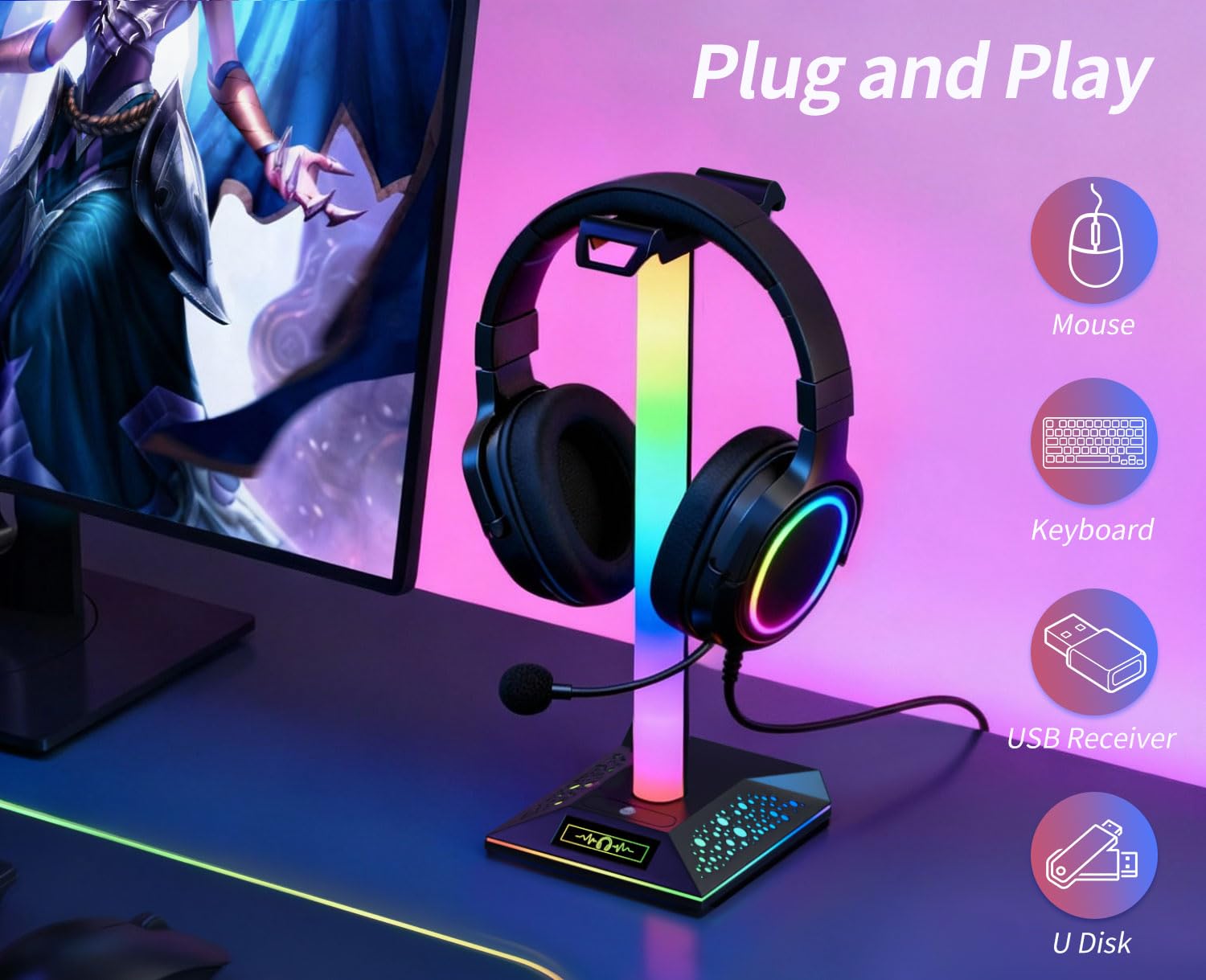 Supporto per cuffie da gioco RGB, supporto per cuffie a LED con 10 modalità di illuminazione, supporto per cuffie per ragazzi, accessori da gioco da scrivania per PC, regali per giocatori