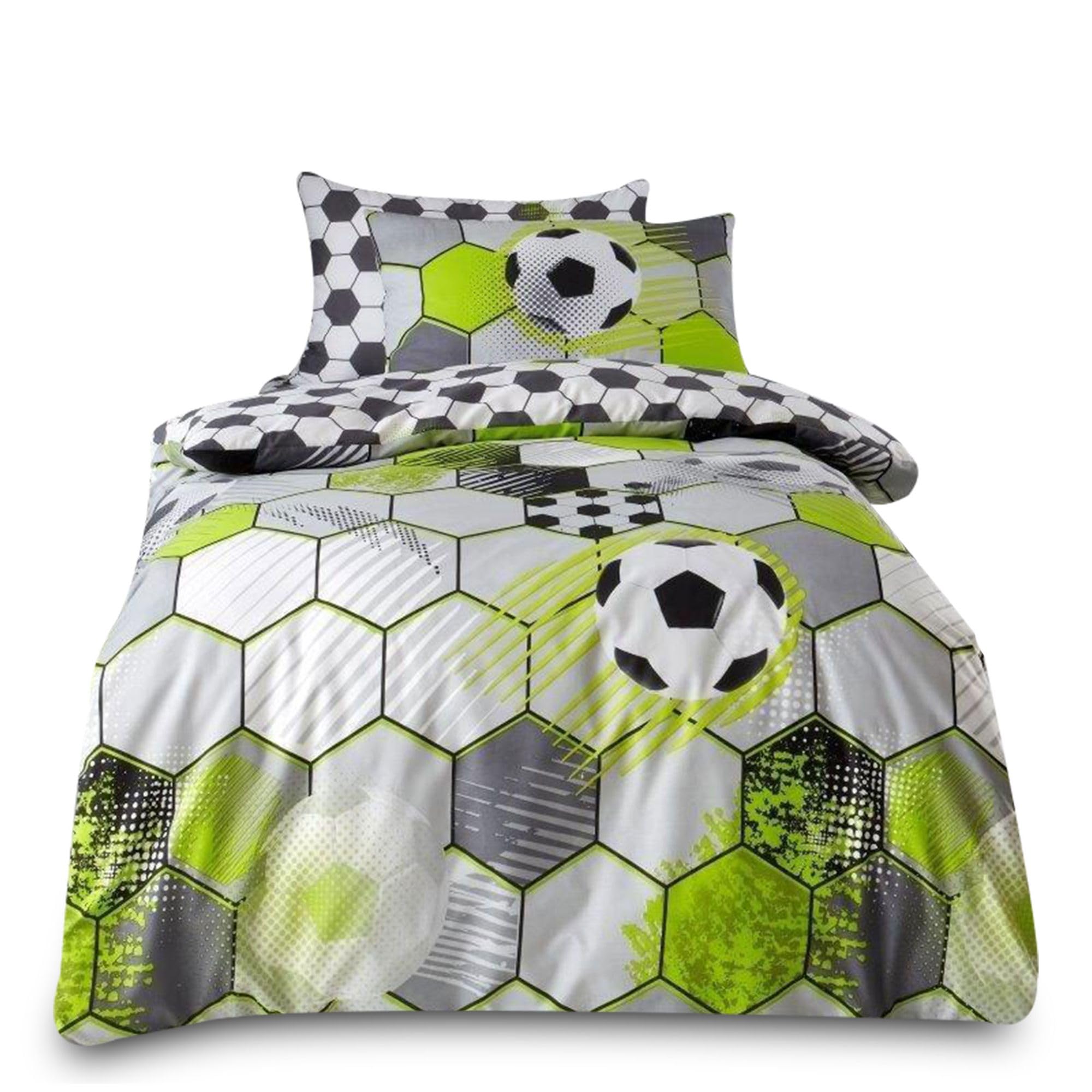 VELVETIO Boys & Girls Football Duvet Cover Set with Pillowcase, Soft Breathable Polycotton Kids Bedding Single Bedset, Reversible Soccer Comforter Quilt, Grey