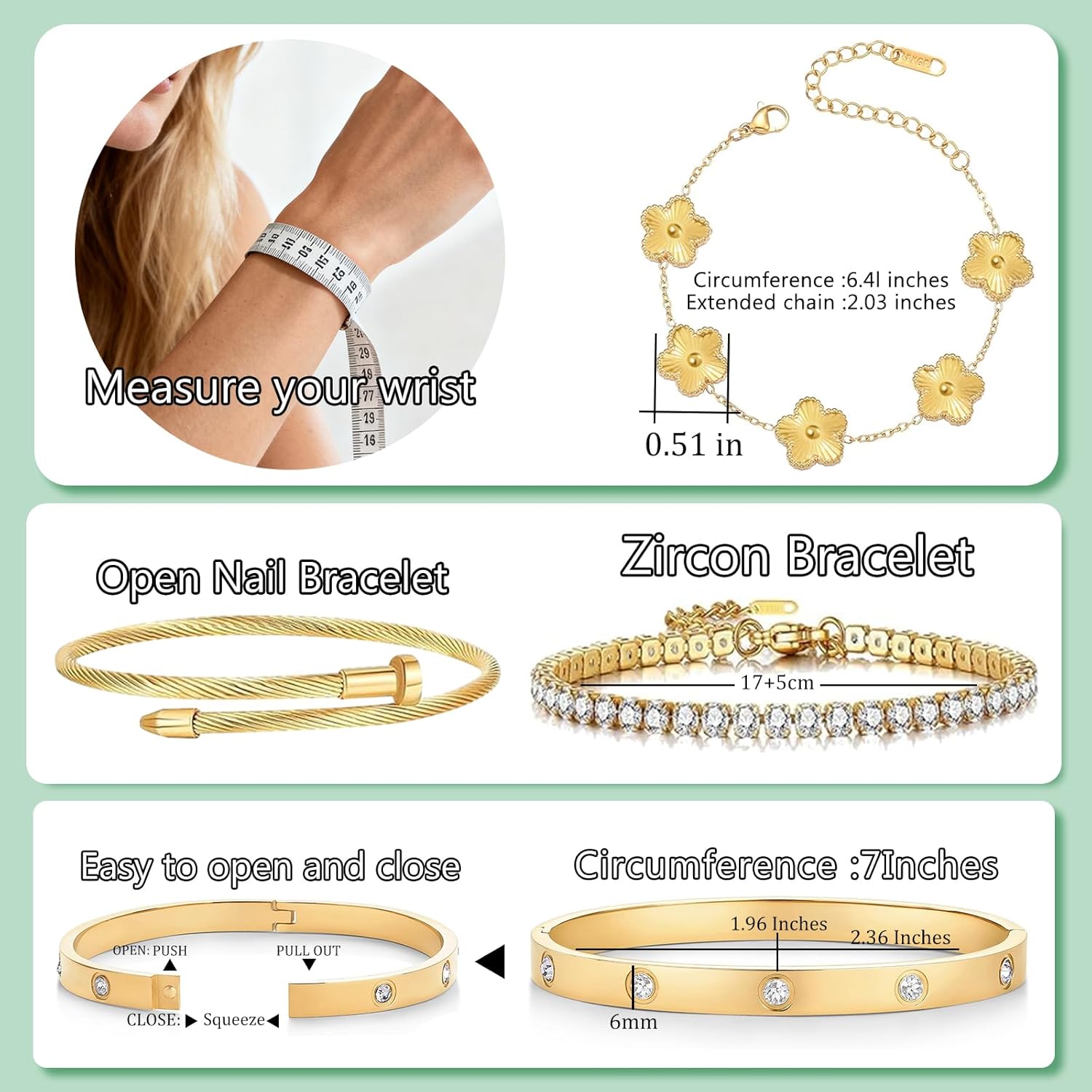 Gold Bracelets for Women, 18K Gold Plated Women Tennis Bracelets Clover Nail Love Bangle Bracelet Set, Gold Bracelet Stackable Set Trendy Jewelry, Gifts for Women's Day and Mother's Day - Image 5