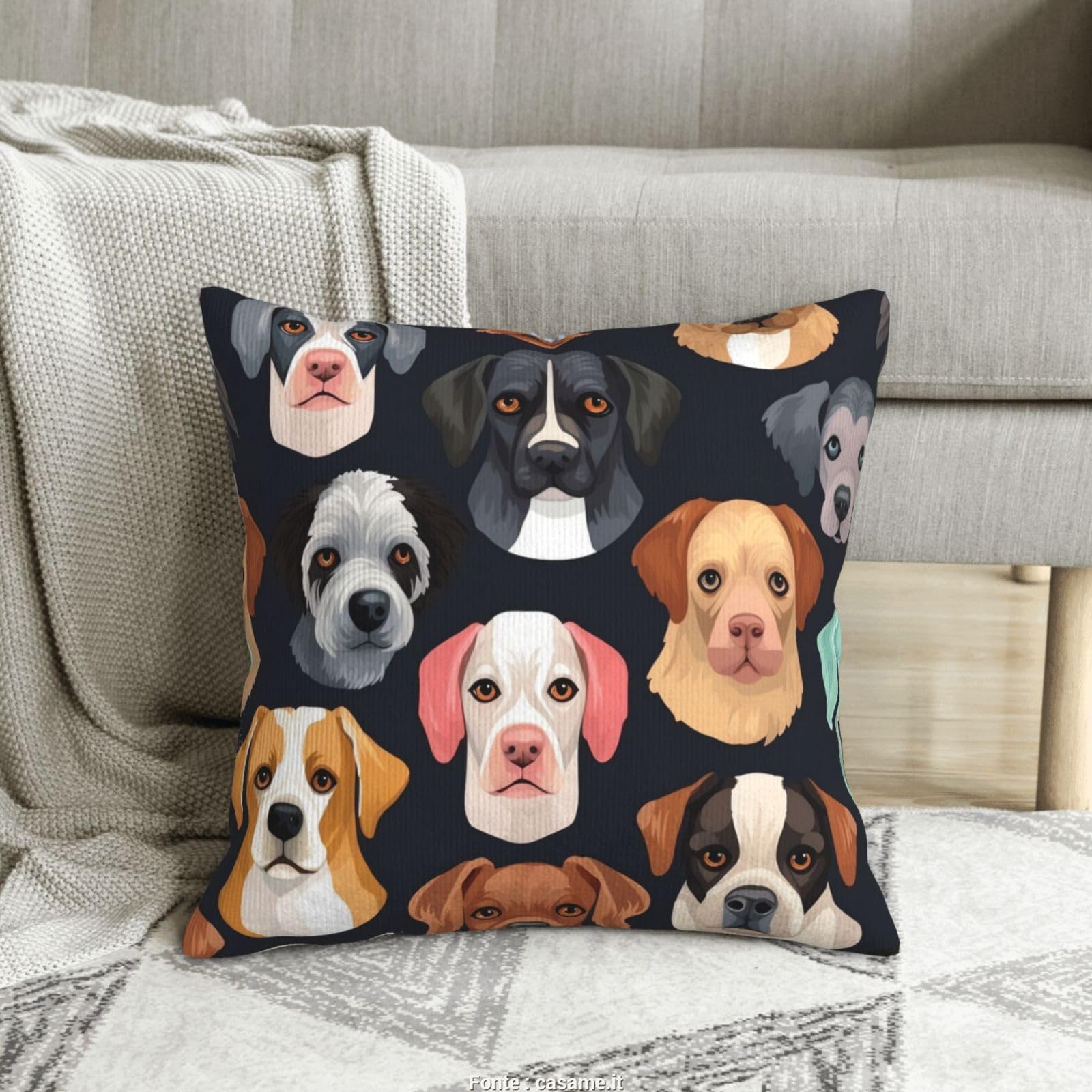 Housse de coussin velours côtelé motif chien 40x40 cm