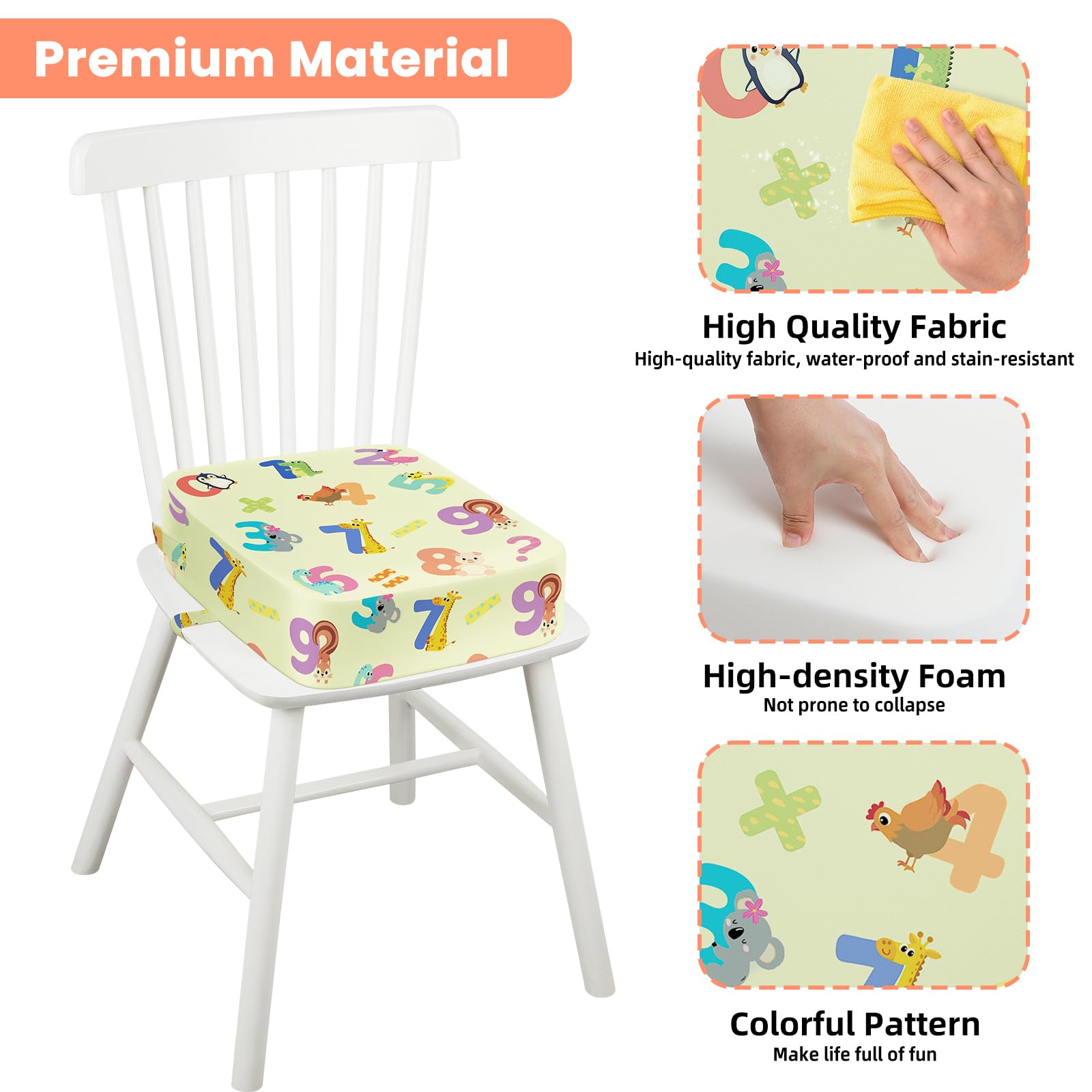 Seggiolino da Tavolo per Bambini Lavabile Cartoon Cuscino con 2 Regolabile Cinghie Base Antiscivolo 36 x 32 x 10 cm Animali Digitali