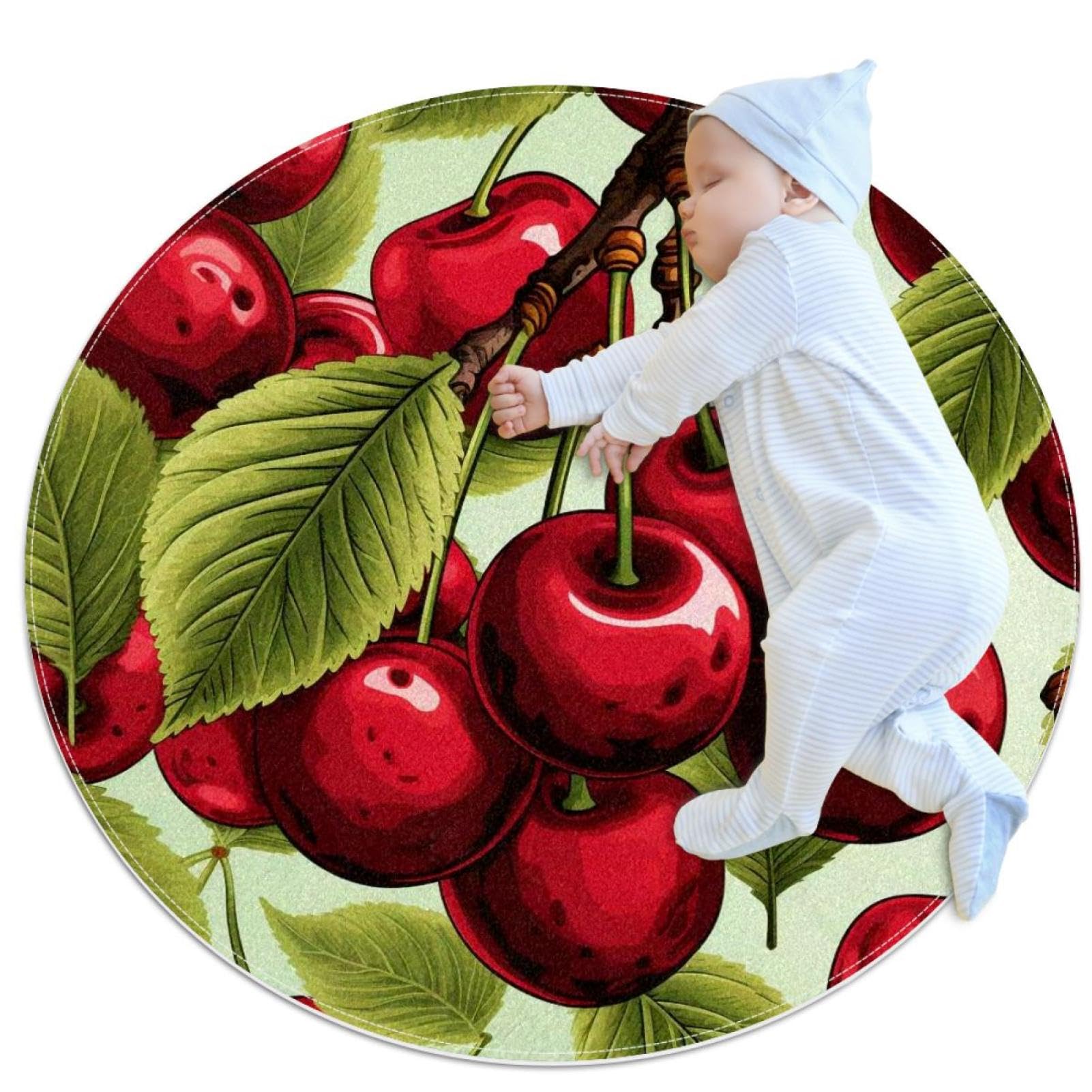 Tapis de salle de bain rond aquarelle cerise de 1m antidérapant