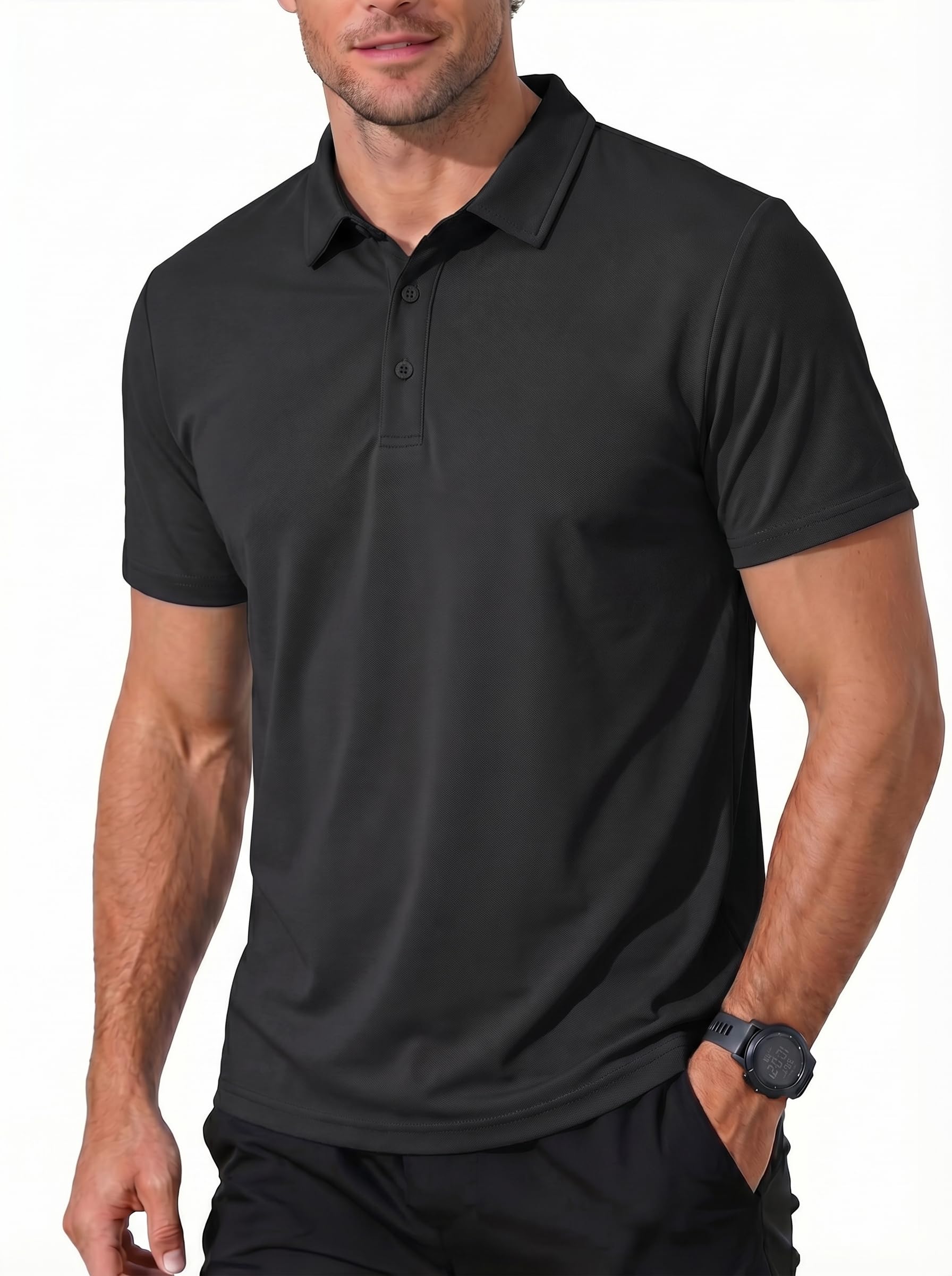 KEFITEVD Herren Poloshirt Kurzarm-T-Shirt mit gestreiftem Ausschnitt, unifarben, taschenlos Herren T-Shirt