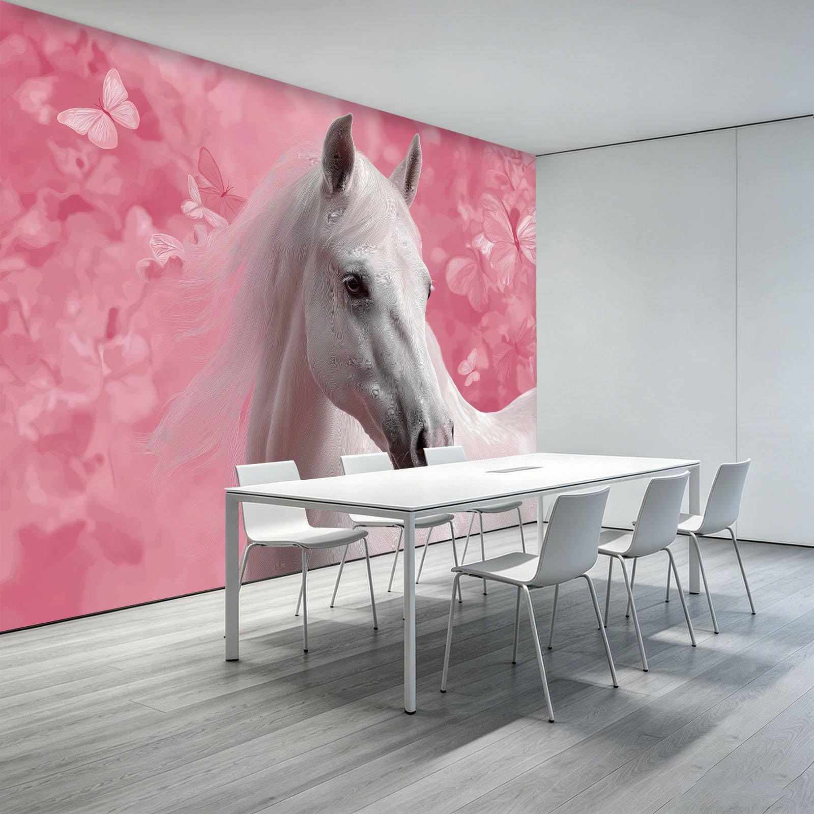 Panoramiczna Tapeta Biały Koń Różowy Motyl 500 x 280 cm Fototapeta Fotografia Zwierząt Fototapeta Włóknina Do Sypialni Salon Tło TV - Plakat Obrazy Zdjęcia Mural