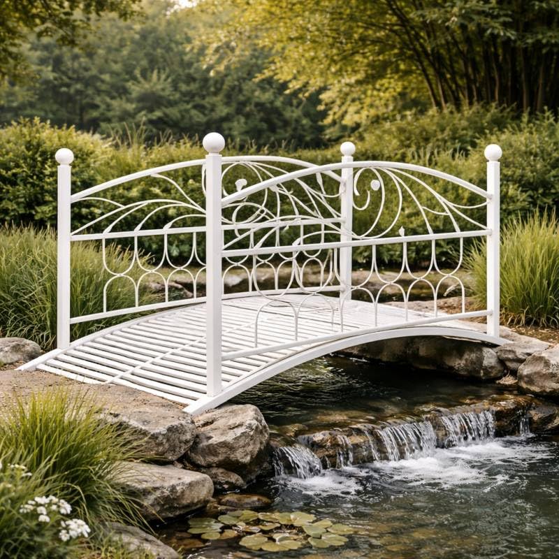 L'Héritier Du Temps Passerelle de Jardin en Acier Patiné Blanc Fonctionnelle Pont extérieur de Jardin pour Ruisseau 85x92x185cm