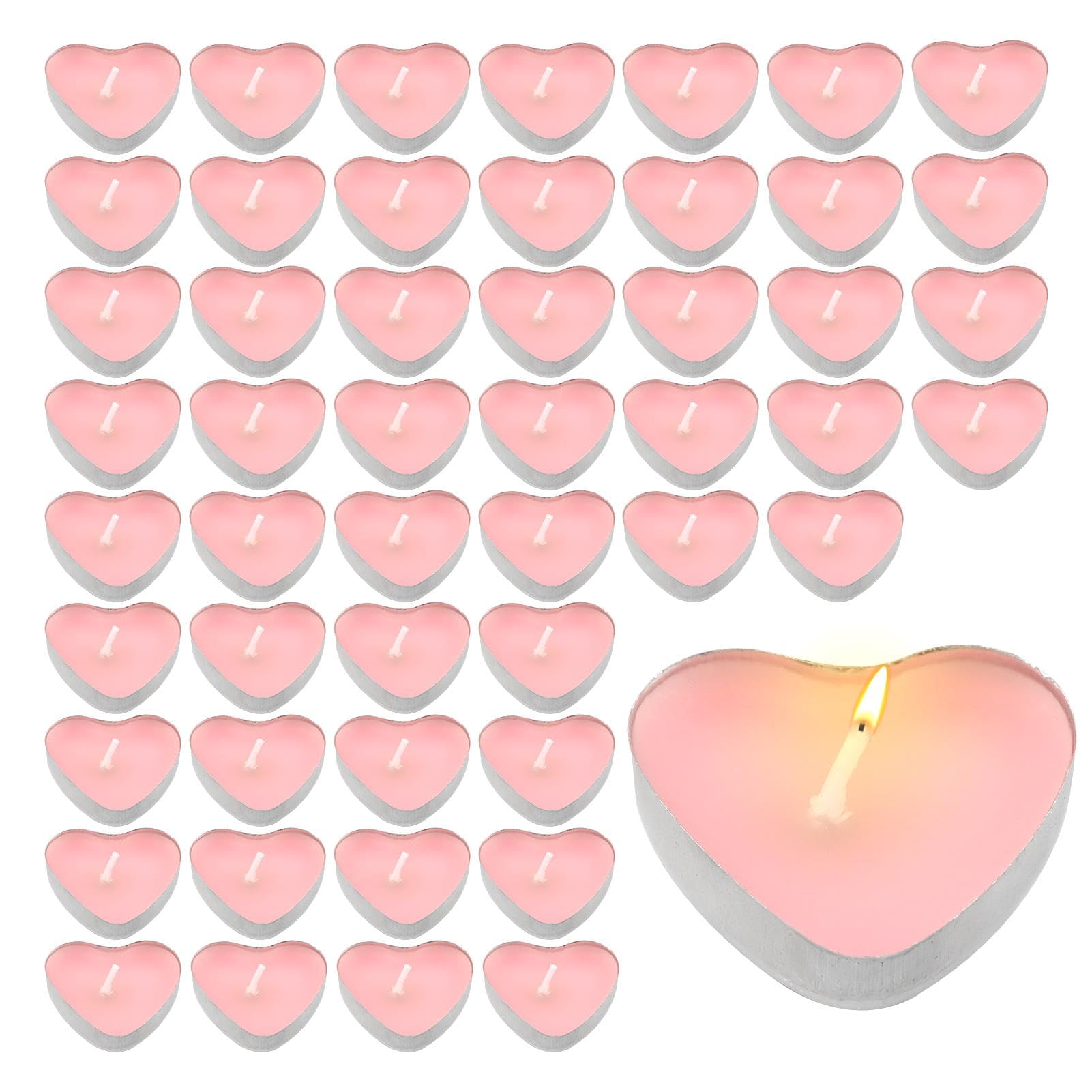 Tea Lights Candles, 50pcs Heart Shaped Smokeless Tea Lights Candles Unscented Candles, Dripless & Long Lasting Mini Tealight Candles for Wedding Celebrations Home Party Decor