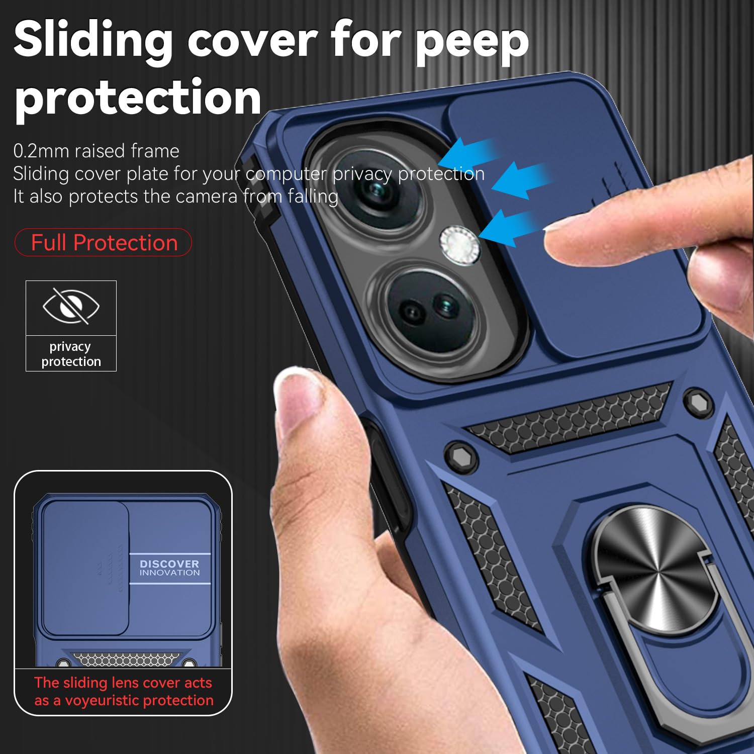 BOKYAS per Custodia Oppo A98 5G/Oppo F23/Oppo A1 con Custodia per Fotocamera Scorrevole e Supporto per Anello [Cover Anti-Caduta Compatibile con Supporto Magnetico per Auto], Nero