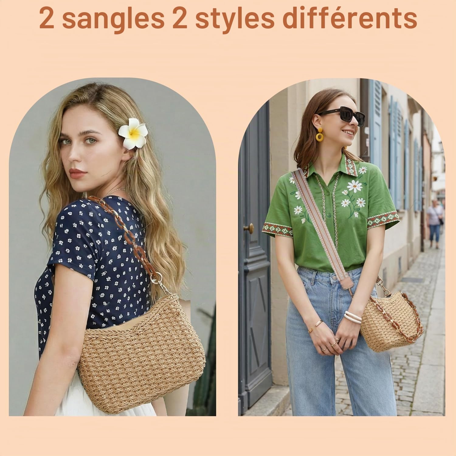Herald Petit sac à bandoulière d'été pour femme, sac à main en paille tissée, sac à main à bandoulière, café, Small