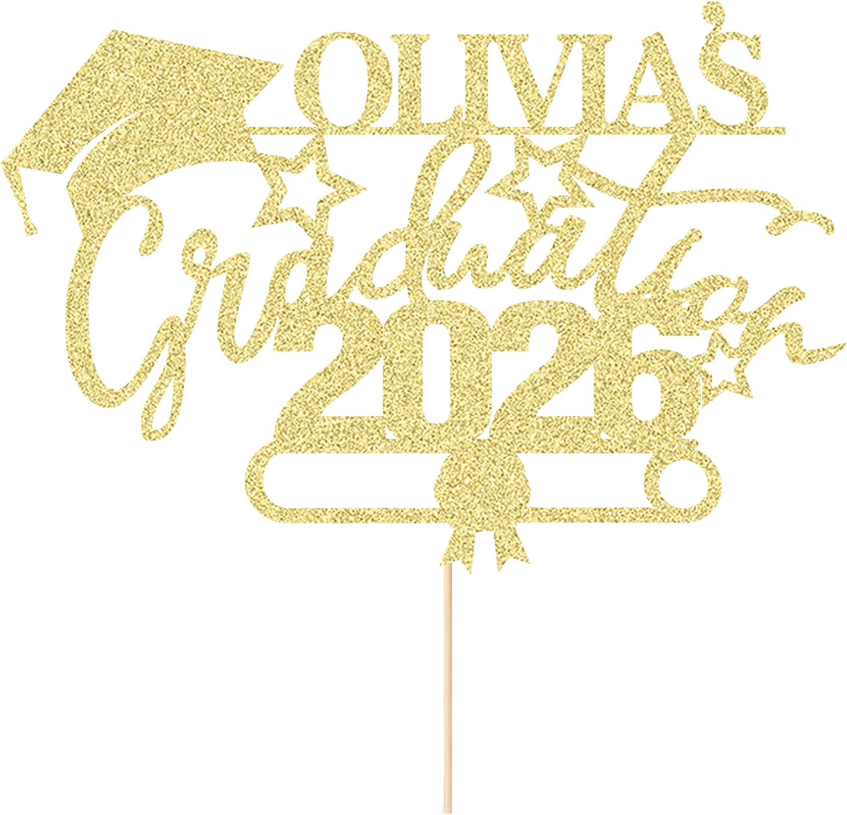 Personalised Cake Topper Congrats Graduation Class of 2026 Double Sided Glitter Card Customized Any Name(Champagne Gold)