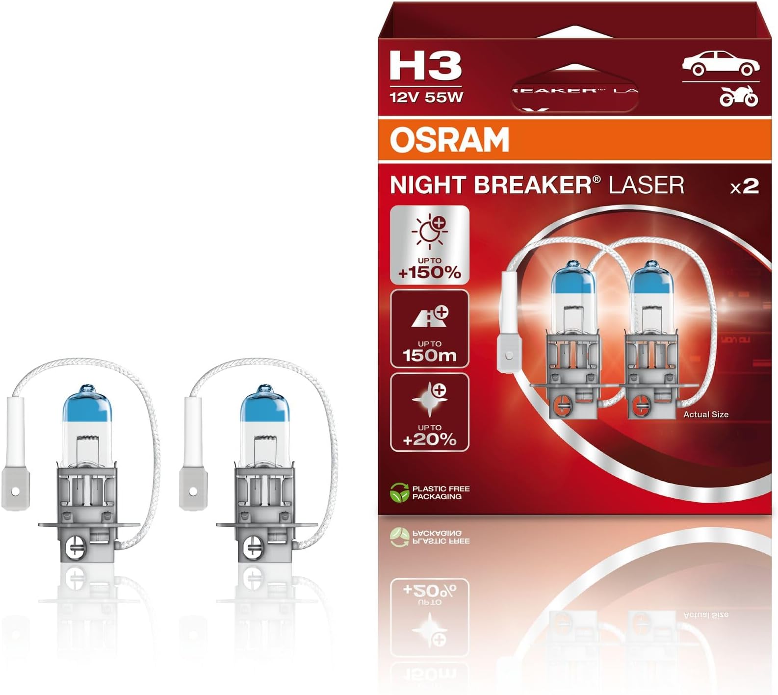 OSRAM NIGHT BREAKER Laser H3, Next Generation, +150% More Brightness, Halogen Headlamp, 64151Nl-Hcb, 12V, Passenger Car, Duo Box (2 Lamps)