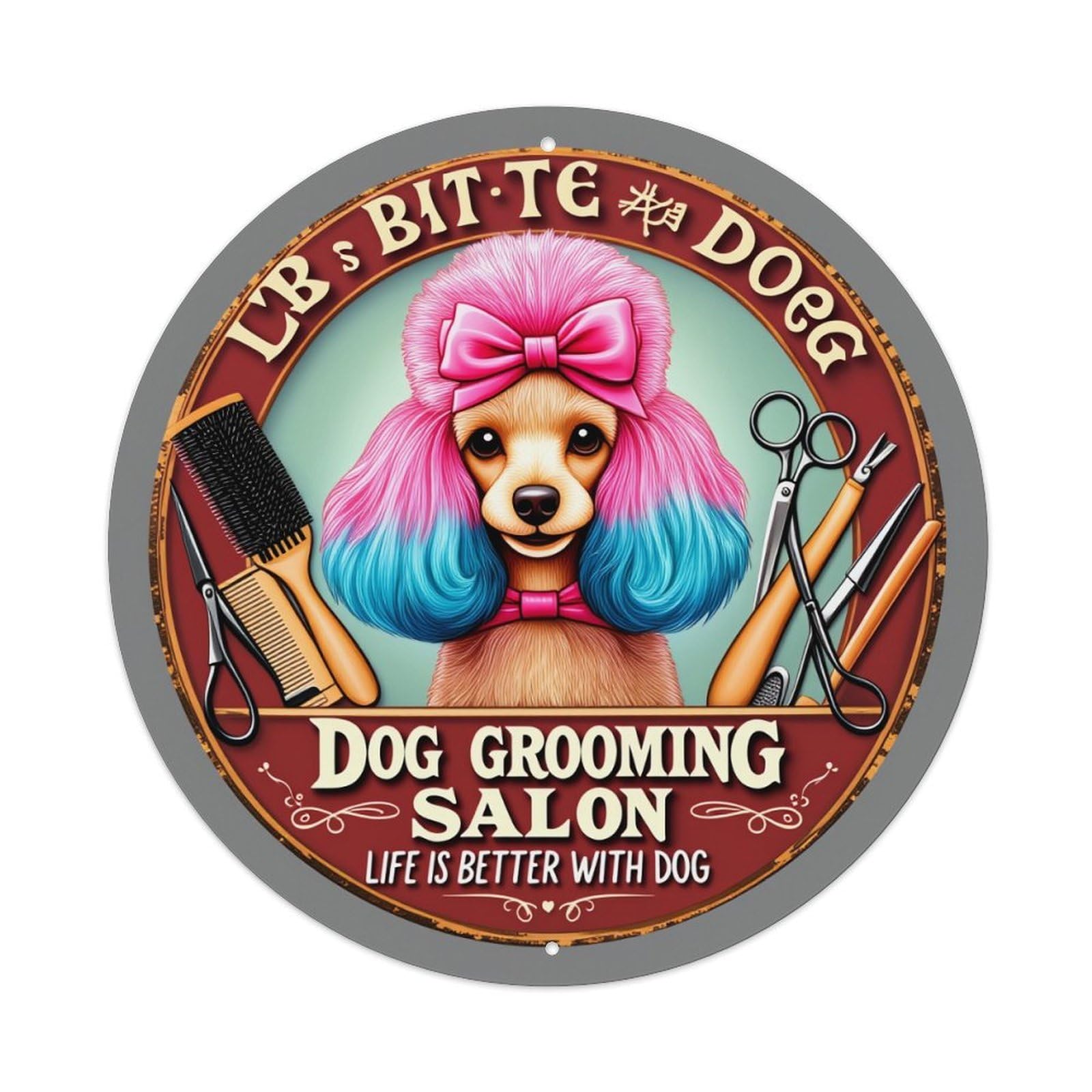 Dog Grooming Salon Logo Design Round Tin Sign Vintage Metal Poster, Home Bar Garage Man Cave Cafe Indoor & Outdoor Wall Decoration 8x8Inches