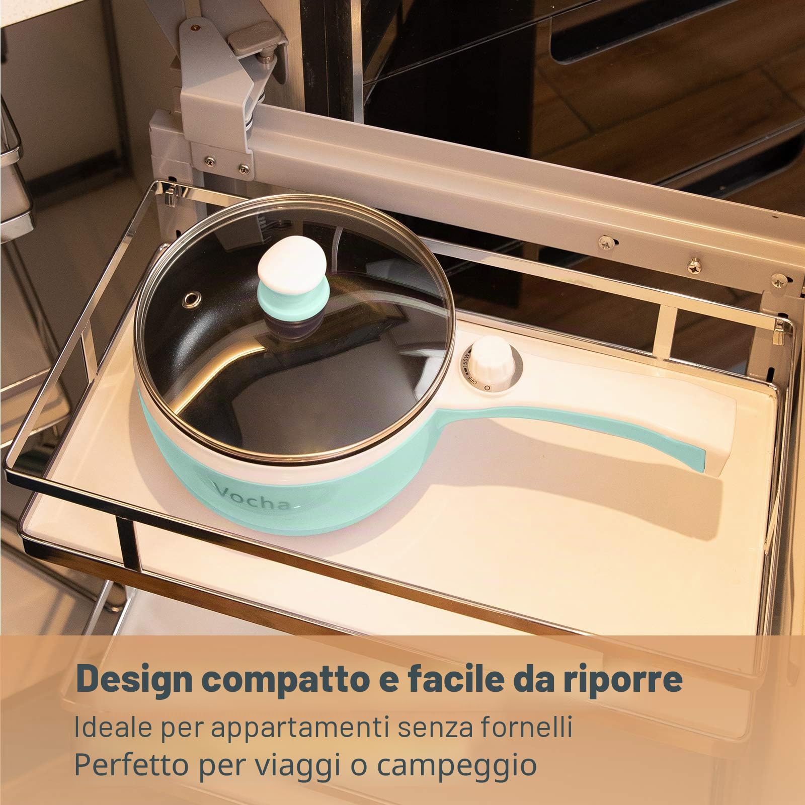 Vocha Padella Elettrica con Coperchio e Manico, Mini Pentola Elettrica Cuocipasta Da 1,5 Litri, Diametro 20 Centimetri, Rivestimento Antiaderente, Fornello Elettrico Portatile da Viaggio (Verde)