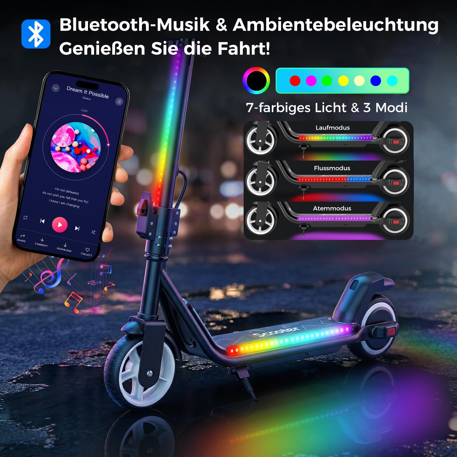 iScooter E Scooter für Kinder von 6-14 Jahren, 6.5" Musik Faltbar Elektroroller & 3 Einstellbare Hohe, 6"/5.5" Leicht Kinder E-Roller mit Lichtern, Max Reichweite 15/7/6KM, 2/3 modi (5-19 km/h)