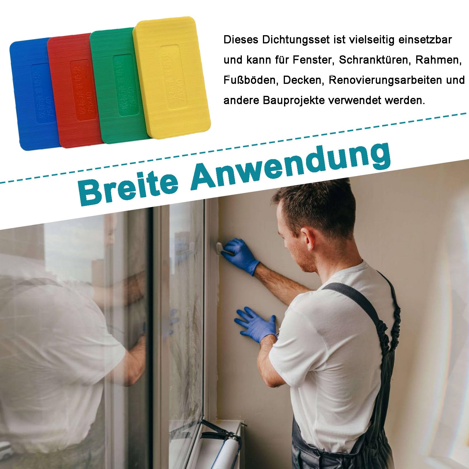 Unterlegplatten Kunststoff, 60 Stück Möbel Nivellierpads Set, 75x40 mm Kunststoff Abstandshalter, 4 Stärke 1,5mm,3mm,5mm,10mm Verglasungsklötze, Abstandhalter Fliesenkeile(Blau, Rot, Grün, Gelb)