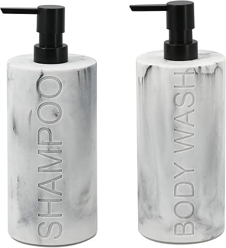 Miniatura 22 de Dispensador de Bomba Recargable con Botella Grabada de Champú de Resina de Piedra Arenisca Gris Neutro, Construcción de Resina Duradera e Resina de