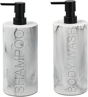 Marble Resin 2 Piece Shampoo and Body Wash Dispenser Set, Luxurious Refillable Pump Bottles with Matte Pump Top and Embossed Text, Durable Design for Bathroom and Shower