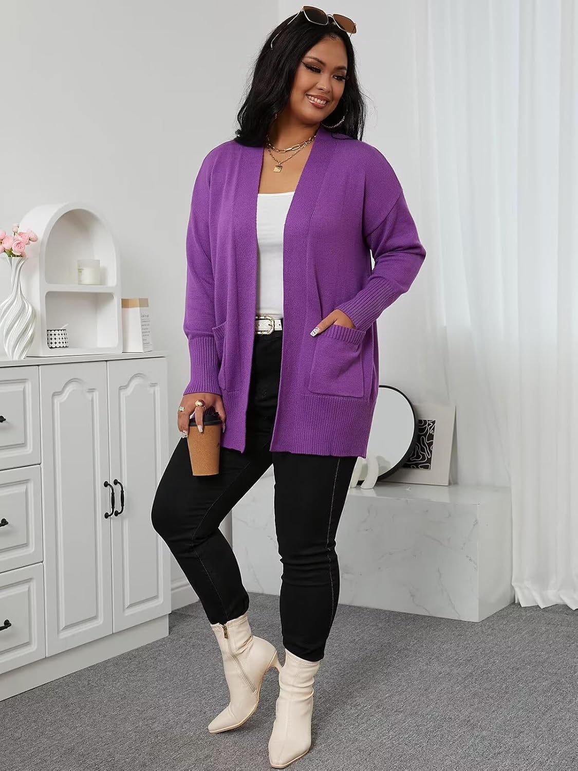 Womens Cardigan Sweaters Plus Size Open Front Long Sleeve Cardigan with Pockets for Women Lightweight Trendy 1X-5X - Image 8