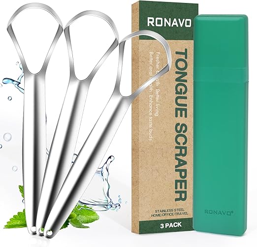 RONAVO Tongue Scraper for Adults (3 Pack), Reduce Bad Breath, Metal Tongue Scraper, Easy to use & Clean, with Travel Case for Home, Travel and On-the-Go