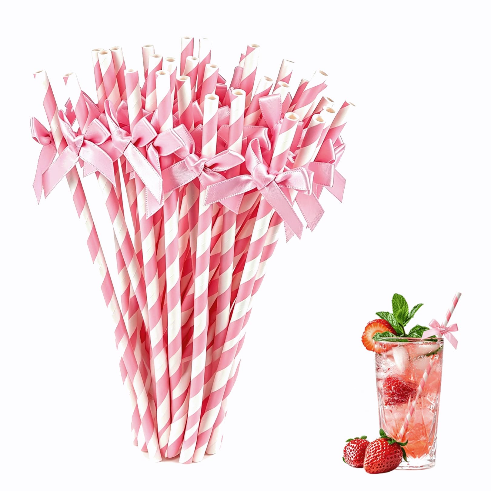 30pcs Paper Pink Straws with Bows,19.7cm Paper Straws Drinking for Cocktail Coffee Juice Milkshake Tea,Bow Straws Disposable for Hen Party