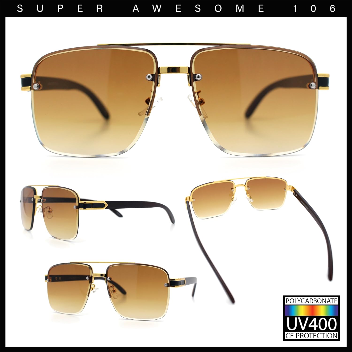 SA106 Mens Rectangle Double Bridge Half Rim Wood Grain Arm Mob Sunglasses