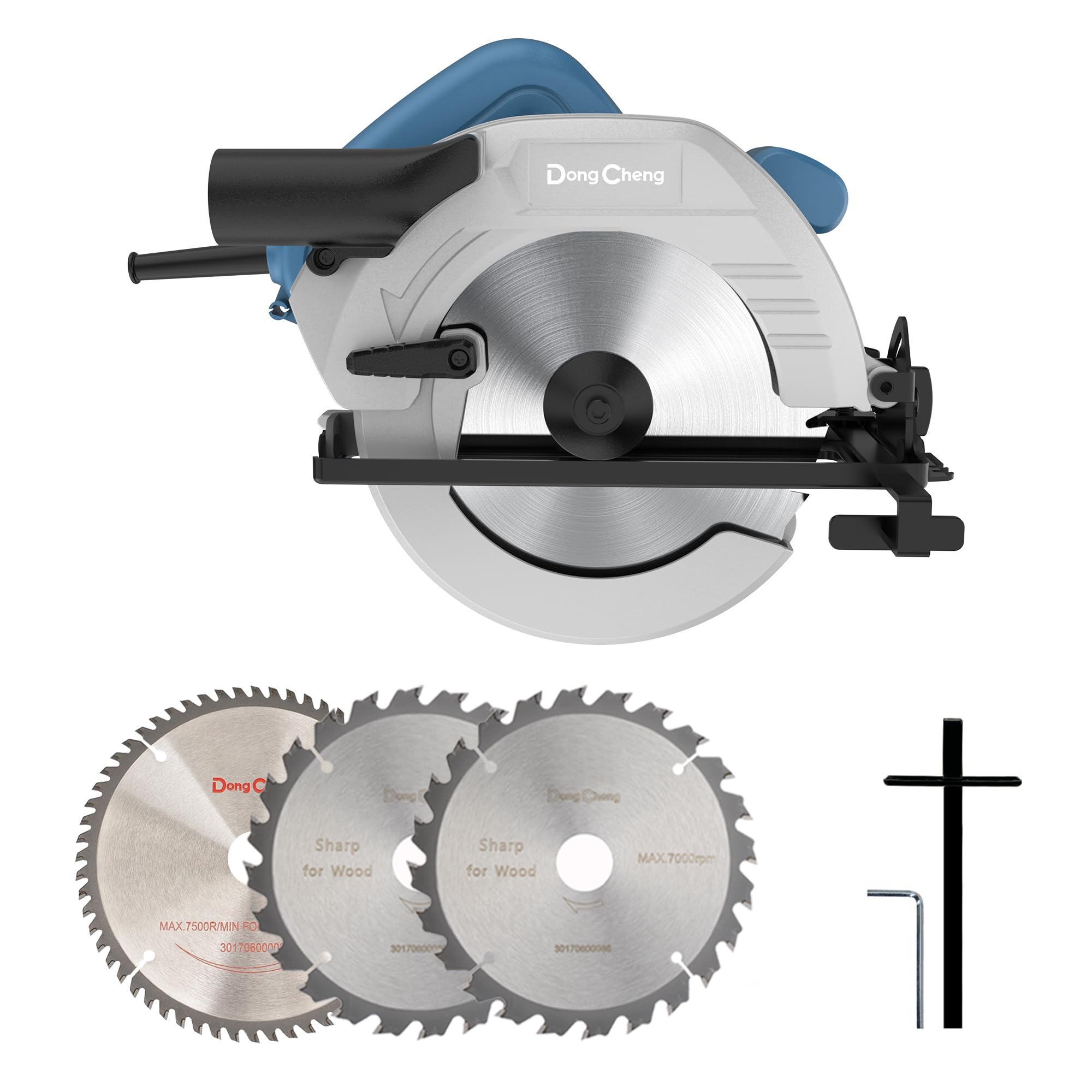 DongCheng Sierra Circular 1500W, Ø185mm, Profundidad de Corte 64mm, 5300 rpm, Inclinación 0-45°, 3 Hojas de Sierra, con Cable | 5300 rpm con 3 hojas de sierra de carburo (24T/40T), tope paralelo y aspiración de polvo para carpintería precisa