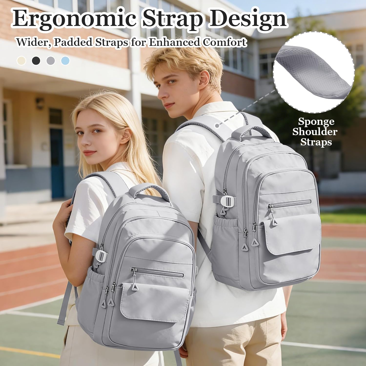 Lightweight Black College Backpack for Women Men, Cute School Bag for Teens Girls Boys, Simple Middle School Bookbag, Waterproof Casual Daypacks for Students(Grey) - Image 5