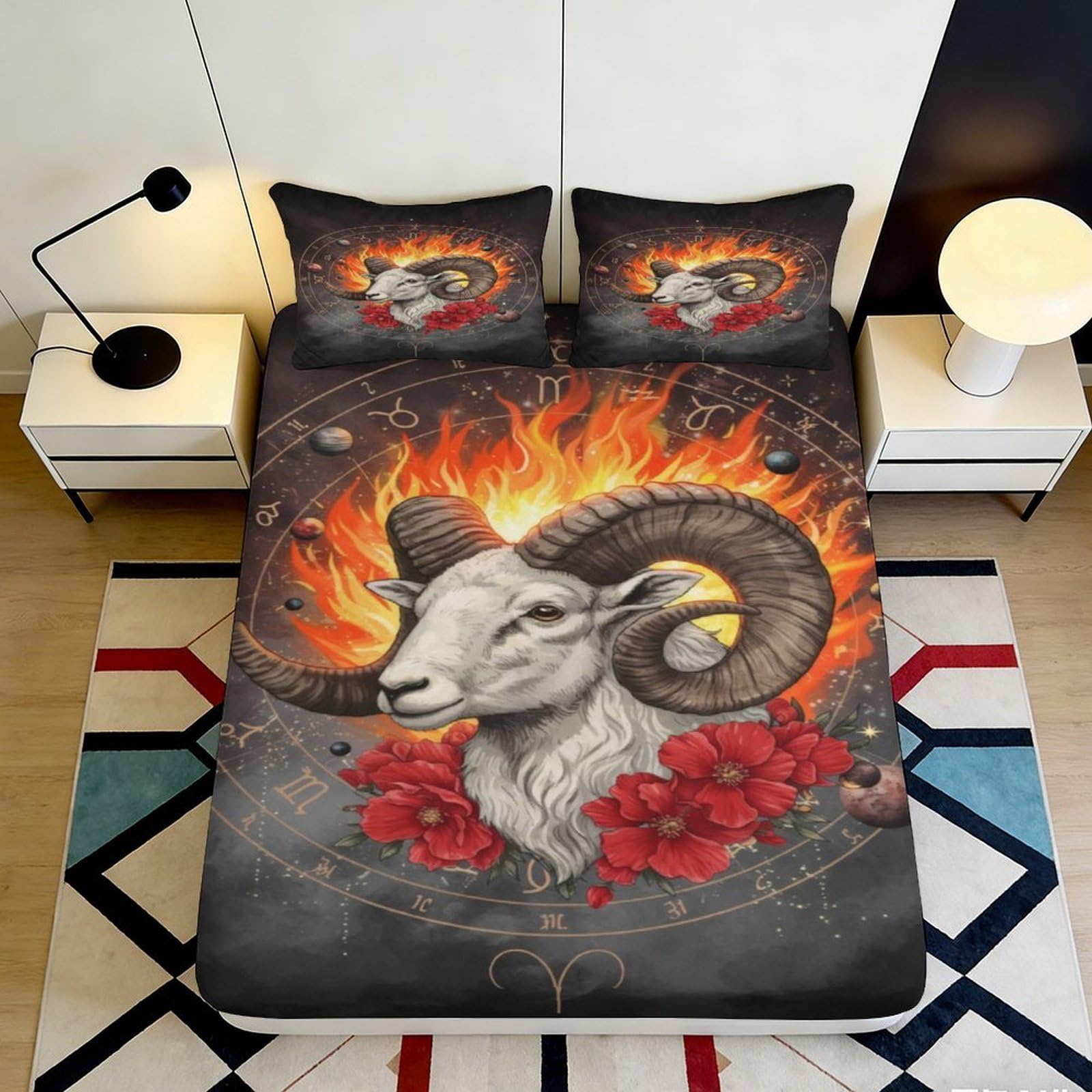3D Printed Aries Zodiac Fitted Sheet Microfiber Flame Ram Bed Cover Anti-Slip Washable for Bedroom Dorm Decor 120x200cm 200x200x25cm