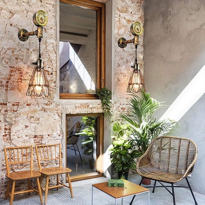 MIMMIC MIMMIC Vintage Water Pipe Industrial E27 Edison met Bell Metal Cage Hangende lamp Retro Wall Light Wall SCONCE BARN Warehouse Villa Garage Farmhouse Restaurant Club Wall Lamp Luxe (Color : Goud) photo 2