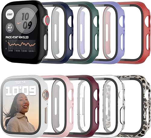JZK - Paquete de 10 fundas rígidas para Apple Watch Series 8 Series 7 de 1.614 pulgadas con protector de pantalla de vidrio templado integrado,