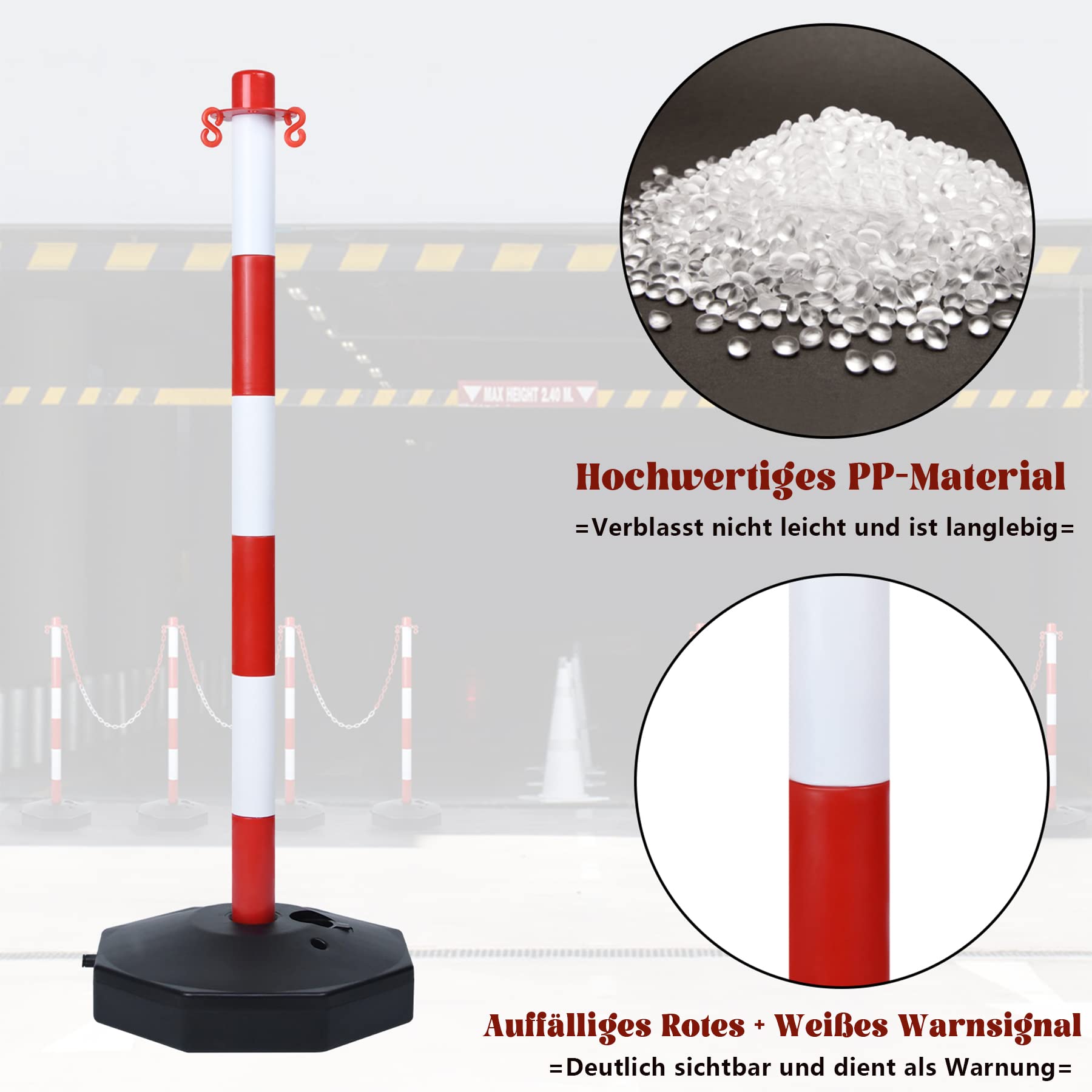 Lot de 2 poteaux de chaîne en plastique 82 x 28 x 28 cm avec chaînes 1,4 m rouge+blanc