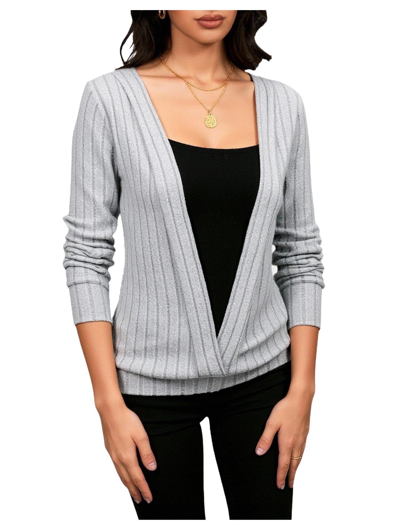 Womens Square Neck Wrap Dressy Sweaters Fall Long Sleeve Knit 2 in 1 Elegant Work Office Pullover Tops