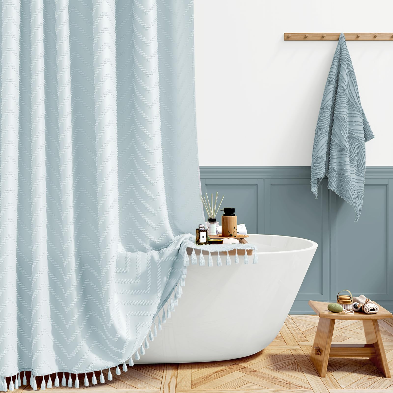 Bttn Fog Blue Boho Tufted Chevron Shower Curtain, 183X186cm With Tassel,