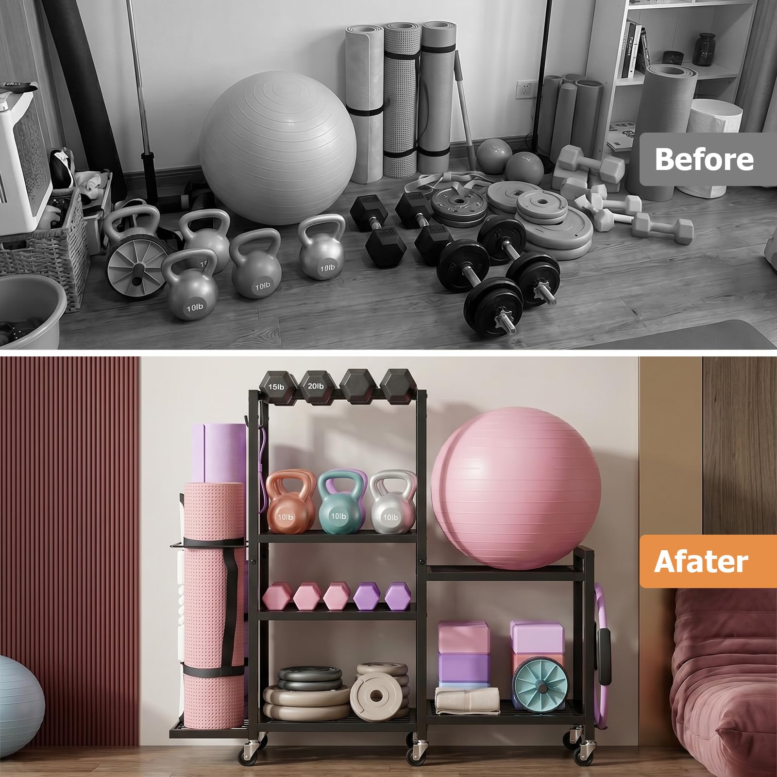 6-Stufiger Home Gym Equipment Hantelständer, Heimgymnastik Aufbewahrungsregal Aufbewahrungsständer Yogamattenhalter, Multifunktionale Hantelablage, Yogamatte Organizer mit Rädern und Haken