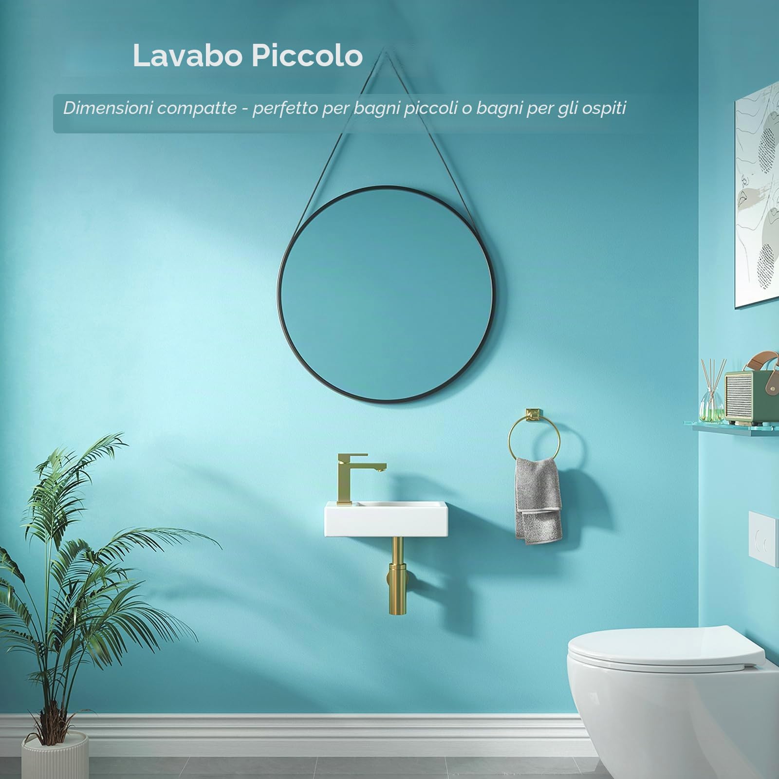 Lavabo piccolo, lavabo per ospiti, bagno, mini lavabo in ceramica, foro per rubinetto sinistro, bianco, 37 x 18,5 x 9 cm