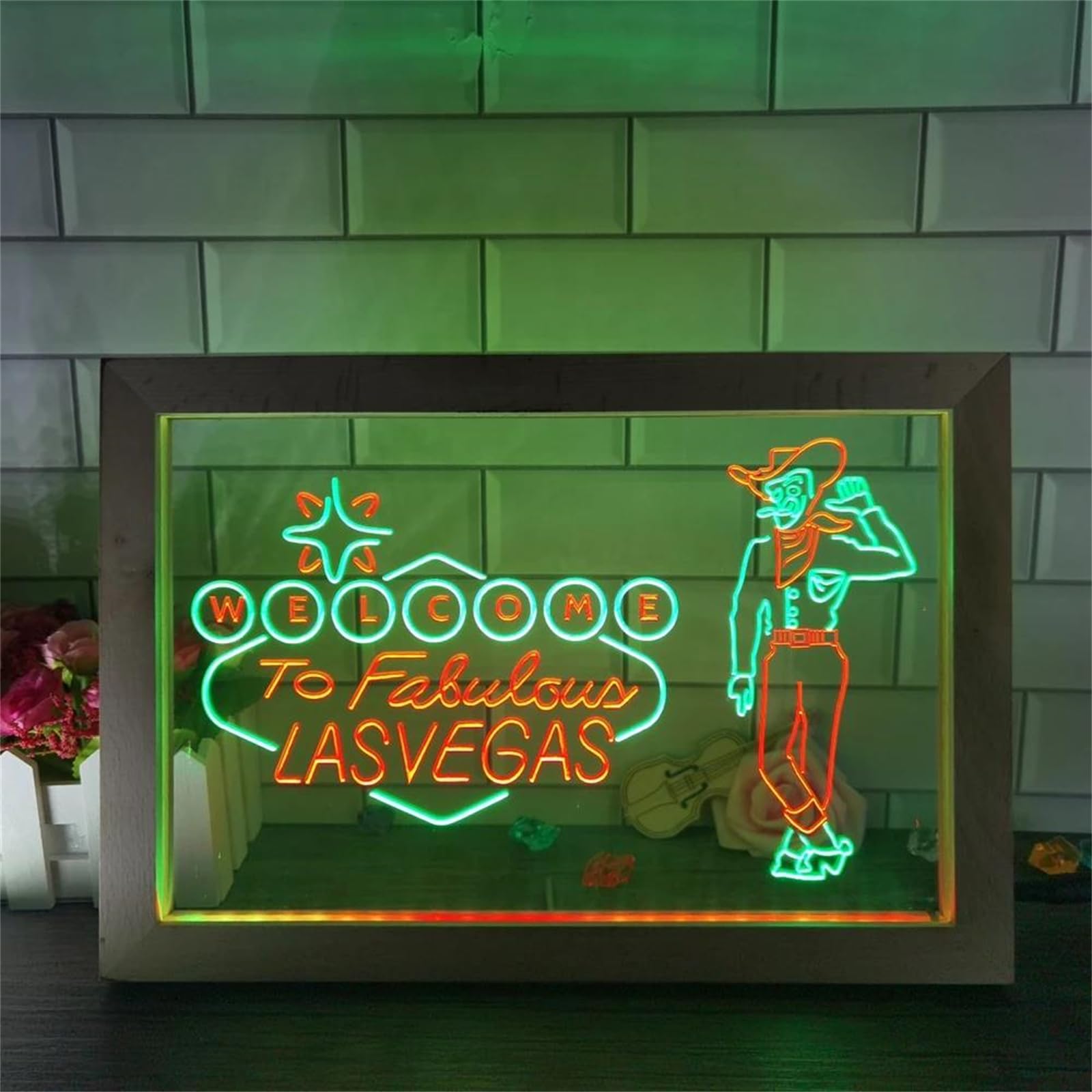FINOTI Welcome to Las Vegas Beer Bar Pub Display Dual Color LED Neon Sign Photo Frame Bedroom Desk 3D Night Light Bedroom Bar Club Teen Room Art With Switch,E,23x17cm