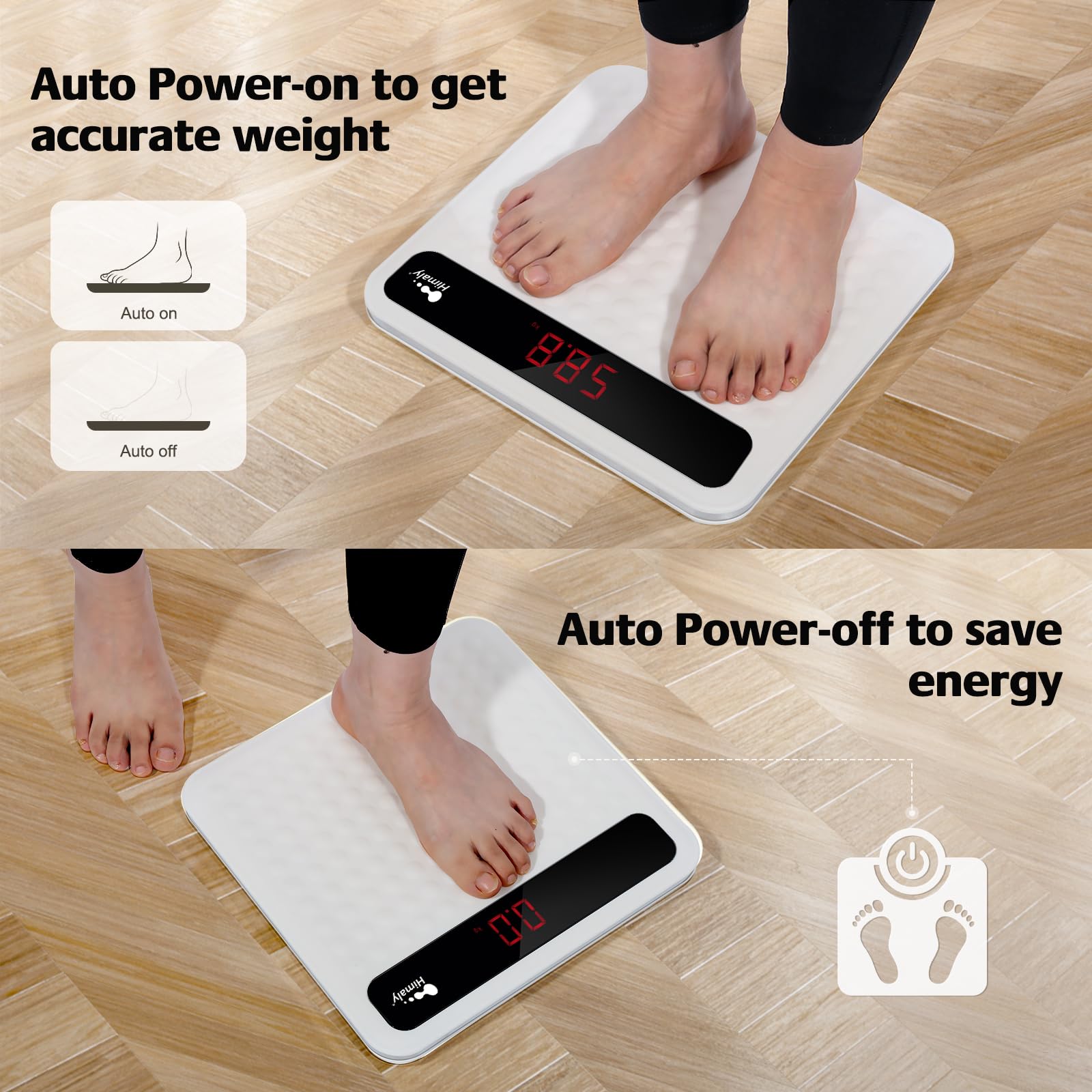 himaly Bilancia pesapersone digitale da bagno, tecnologia Step-On, ad alta precisione, con grande piattaforma in silicone antiscivolo e display digitale LCD, capacità 180 kg, colore: bianco