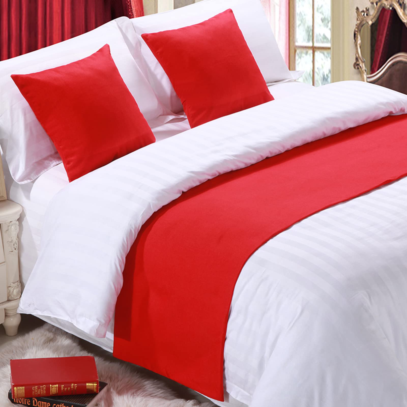 GZQIAWY Bedspread Bed Runner Throw Home Hotel Plain Thick Cotton Linen Solid Color Bedroom Tail Towel Protector Bedding Decor Bed Red 50 x 180cm (Bed Scarf)+2 Cushion Covers