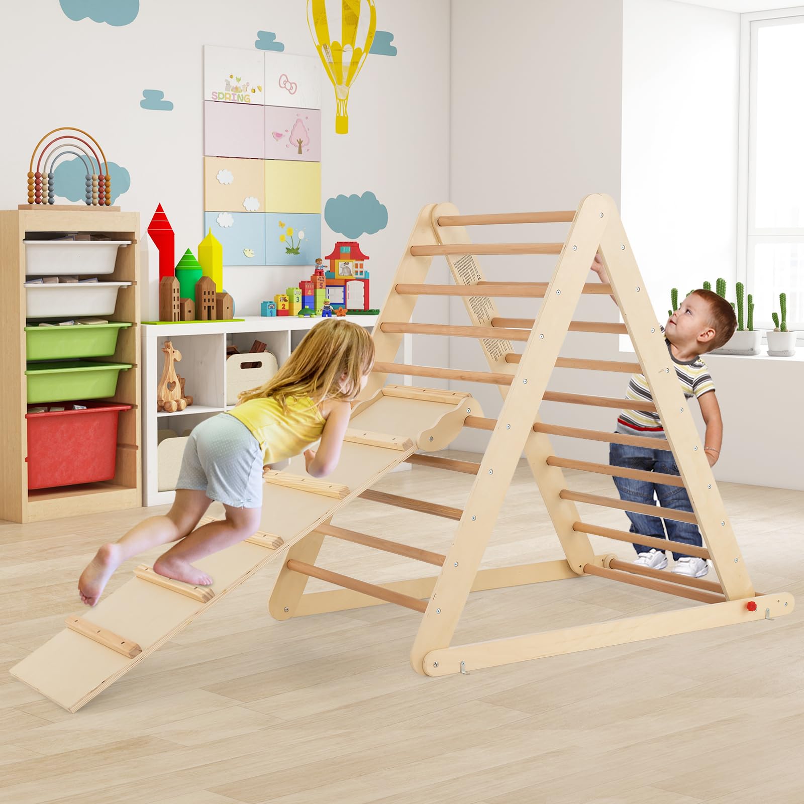 COSTWAY Escalera de Madera Triangular, Escalera Triangular Plegable con Rampa para Escalar y Deslizar, Escalera de Interior con Estructura Triangular para Casa Guardería para Niños y Niñas (Natural)