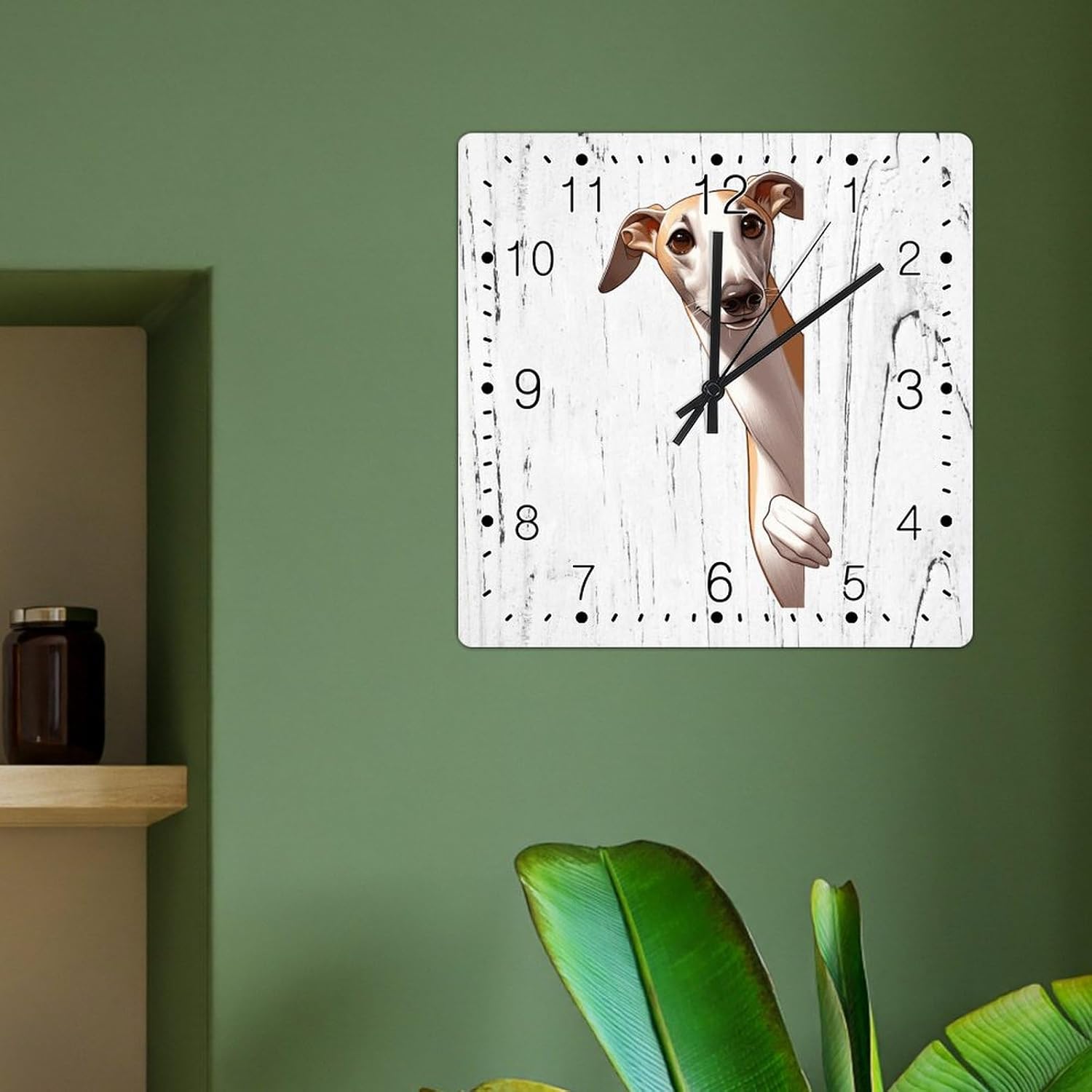 Greyhound Dog Peeking ASquare Corner Clocks Greyhound Wooden Decorative Clocks Battery Operated Square Clock Dog Mom Gift Hanging Wall Clock for Laundry Room Bedroom 12x12in