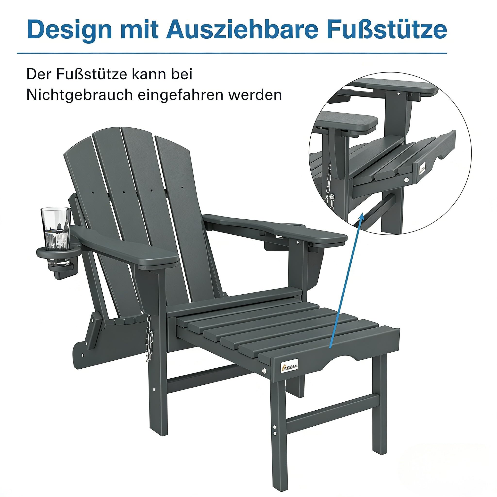 Mdeam Adirondack Stuhl Klappbar, Gartenstuhl mit Verstellbarer Rückenlehne & Fußstütze für Garten Terrasse, Adirondack Chair mit 2 Getränkehalter, Wetterfestes HDPE, Grau
