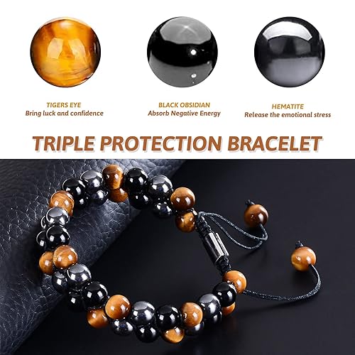 Miniatura 3 de Triple Protection Bracelets for Men - Handmade bracelets Crystals Healing Hematite Obsidian Tiger Eye Bracelet for Men Women, Anxiety Relief and