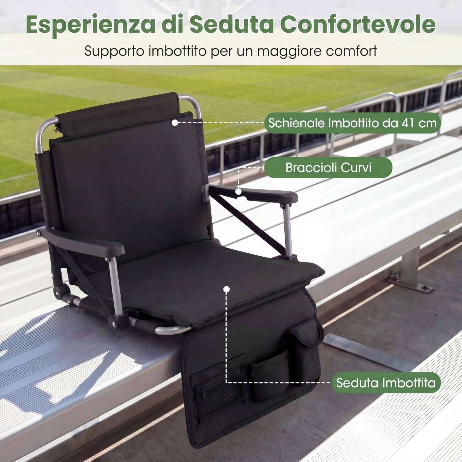 COSTWAY Sedile da Tribuna Pieghevole con Schienale e Braccioli | Struttura in Metallo, Sedia da Stadio Portatile con Tasche Portaoggetti e Portabicchieri per Eventi Sportivi, Portata 102 kg