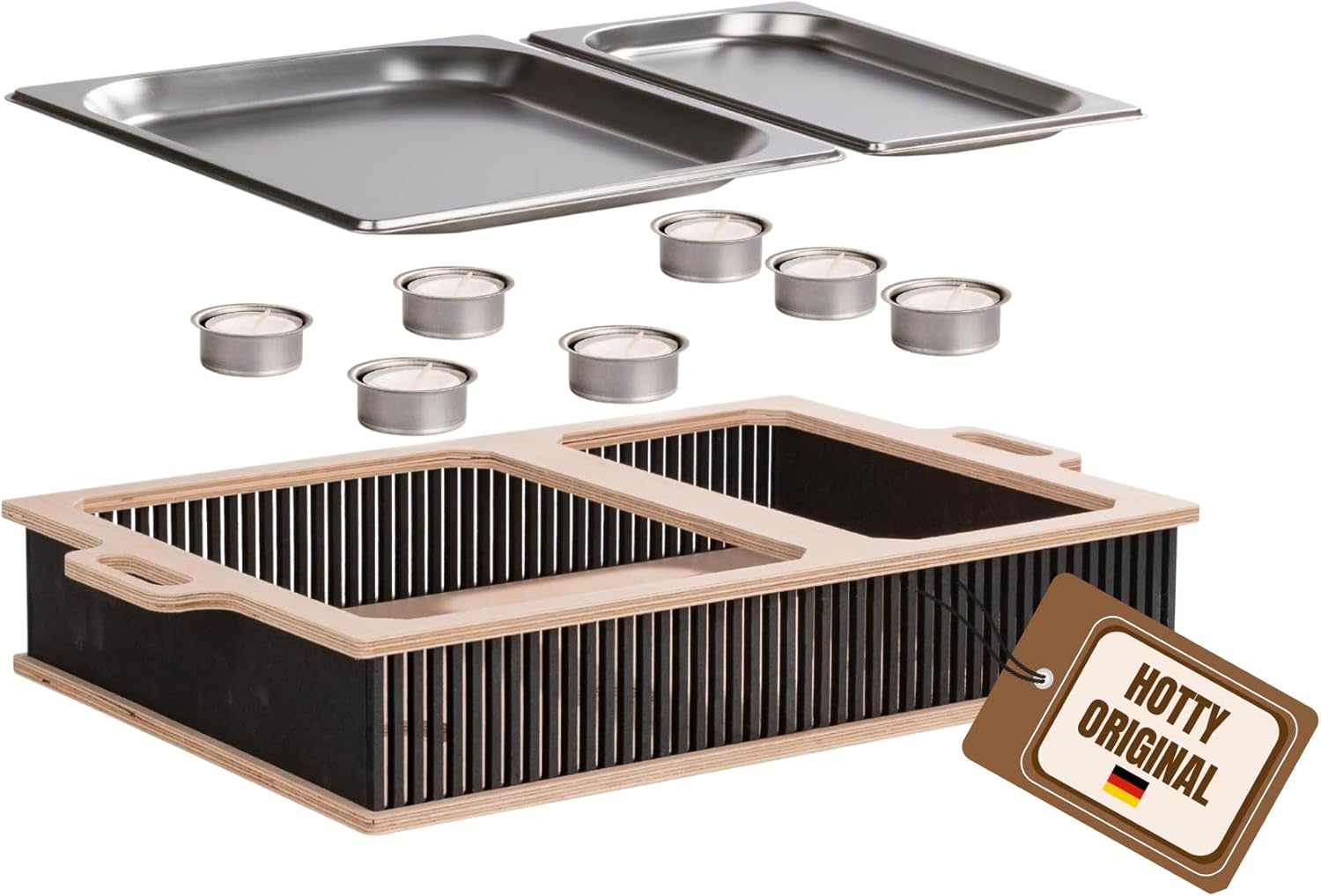 INEXTERIOR Hotty Legacy – Warmhalteplatte fürs Grillen - Grillgut Stövchen mit BBQ-Design – Speisenwärmer – Warmhaltebehälter mit Kerzen - BBQ-Board Grillparty (Schwarz, L)